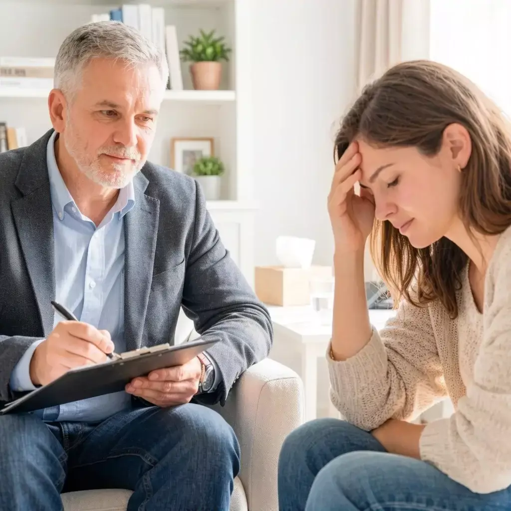 врач психиатр разговаривает с пациенткой